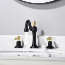 Sumerain Mitigeur De Lavabo Classique Noir Mat Et Or Brossé Avec Bec Pivotant À 360°, Sans Plomb, Double Poignée