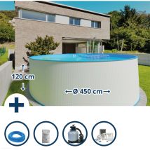 Stahlwandpool Set (6-teilig) Hoch Rund Malediven 450 X 120 Cm, Stahl 0,4 Mm Weiß Folie 0,4 Mm Blau