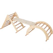Charlie 3-en-1 structure d'escalade en bois naturel Triangle d'escalade / Arc d'escalade / Mur d'escalade Jouets Montessori pour jeunes enfants
