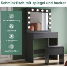 SONNI Schminktisch mit LED-Beleuchtung, Kosmetiktisch mit Spiegel und Hocker, Frisiertisch mit Schublade, 12 LED-Glühbirnen, drei Lichtmodis