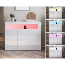 SONNI Sideboard Holz Weiß Hochglanz Industrial mit LED (12 Farben können eingestellt Werden) Beistellschrank mit Drei Schranktüren 116x93x35cm