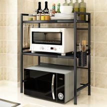 Bathrins - Support de Four à Micro-Ondes Extensible Organisateur Cuisine Double Étagère Rangement avec 3 Crochets 40-64x36.5x78cm Noir