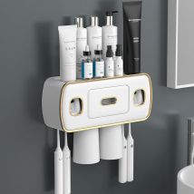 Support Mural pour Brosse à Dents avec Double Distributeur Automatique de Dentifrice,Porte Brosse à Dents Mural,avec 4 Fentes pour Brosse Dents,2