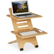 Relaxdays - Support pour bureau, réglable en hauteur, 2 surfaces, bambou, organisateur, travailler debout, nature