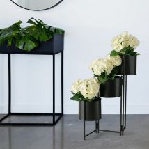 Support pour plantes, porte-pot de fleurs, 3 bacs, accessoire de décoration de salon, bac à plantes moderne, fer noir, rond, LxlxH 51x18x64 cm