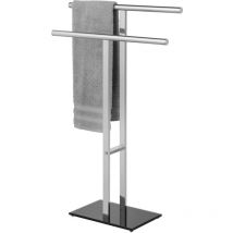 Porte-serviettes sur pied Lava Wenko Accessoires salle de bain, 2 Bras en forme de t, Pied lesté, Acier inox et verre sécurité, 50x81,5x20cm, Argent