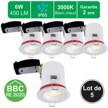 Lot de 5 supports spot bbc salle de bain IP65 + GU10 6W 450lm inclus - garantie 2 ans