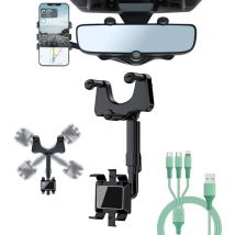 Support Téléphone Voiture Rétroviseur - Multifonction 360° - Rétractable - Facile à Installer - Avec Câble de Données