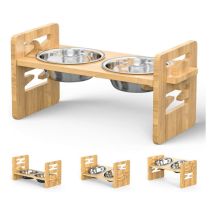 Supporto per ciotola in bambù per cani e gatti, regolabile in altezza e inclinabile in gradi, con 2 ciotole in acciaio inox in legno naturale
