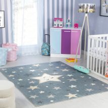 Tappeto Lavabile in Lavatrice per Stanza Bambini Stelle Blu e Beige 160 x 213 cm - Surya