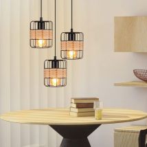 Suspendue Vintage Gbly Lampe Suspendue - Lampe de Table à Manger Rustique Ronde Noire 3 Ampoules Rétro E27 Lampe de Salon en Rotin Suspendue en Métal