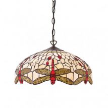 Interiors Dragonfly Beige - Luminaire suspendu moyen à 3 ampoules au fini bronze, beige, verre Tiffany libellule, E27