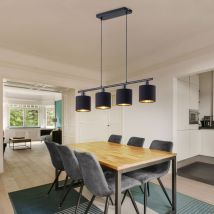 RL - Suspension abat-jour en tissu lampe suspendue lampe de salon lampe de table à manger 4 ampoules, textile noir or, E14, LxlxH 75x12x150 cm