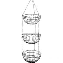Suspension de 3 paniers métal noir déco lignes et coeurs et chaîne métallique 25x96cm