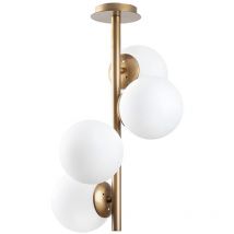 Lustre en métal et verre - 4 globes - d. 32 cm x h. 53 cm - Doré et blanc - faze