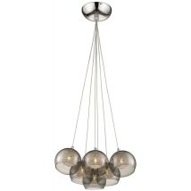Spring Lighting - Luminaire suspendu à 6 grappes, chrome, gris fumé avec abat-jour en verre, G9