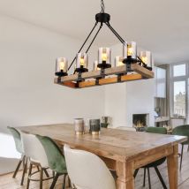 Etc-shop - Suspension lampe de salon lampe de salle à manger, métal noir bois verre couleur fumée, 8 ampoules E27, h 100 cm