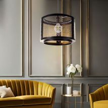 Suspension lampe de salon rétro suspension lampe de table à manger, or noir, abat-jour en grille métallique, 1x douille E27, DxH 40x150 cm