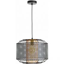 Suspension, lampe de table à manger, lampe de salon, lampe de cuisine, grille en métal noir, cylindre doré, 1x E27, h 150 cm