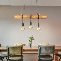 Suspension, table à manger, bois, lampe de salle à manger, noir, suspension, réglable en hauteur, 3 flammes, métal, 3x douille E27, LxlxH 65x8x140 cm