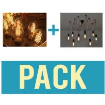 Suspensión vintage araña 8 casquillos E27 con 10 bulbos BT55 retro look