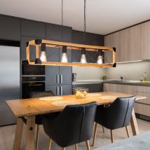 Suspension, lampe en bois, lampe de table à manger, suspension, avec cadre en bois, métal noir, 4x douille E27, LxlxH 100x20x150 cm