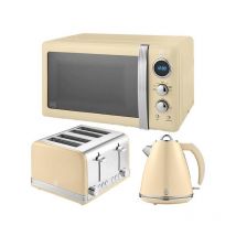 Swan - Retro Cream 1.5L Kettle, 4 Slice Toaster & 20L Digital Microwave Set