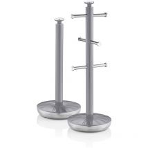 SWAN SWKA1054GRN Retro set Porta Rollos Papel Cocina + Porta Tazas para 6 Tazas, Acero Lacado, Diseño Vintage Gris