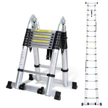 Chelle télescopique Échelle pliante Aluminium Escabeau sans crochets Avec stabilisateur Avec roues 2,5m+2,5m Argent - Swanew