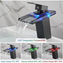 Dewdat - Robinet de salle de bain cascade avec lumière led, poignée unique, robinet de salle de bain chromé avec 3 changements de lumière - Noir