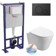Wall hung toilet set frame + sat Infinitio rimless toilet with invisible fixings + Softclose seat + Matt black plate - Swiss Aqua Technologies
