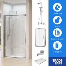 Chrome Single Sliding Door 800 x 1500mm, Tray, Waste & Trisen Square Shower Full Set - Synergy