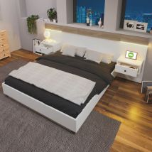 Okwish - Système de lit double avec 2 tables de nuit led et prise usb c Lit en bois 160 x 200 cm avec 2 tables de chevet chambre complète