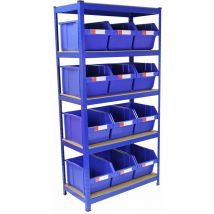 Monster Racking - T-Rax Étagère Bleu 90cm avec 12 x Bacs de Rangement Poubelle à Choix Rapide Entrepôt Garage sans Boulons Système d'Étagère...