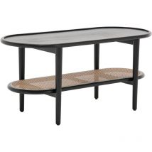 Table Basse Salon Table Basse Bois avec Rangement, Table Basse Salon Moderne en Bois et Rotin, Vintage et Rétro, Noir, Wahson