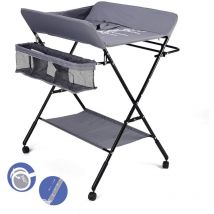Table à langer Pliable pour bébé avec Sac de rangement, Roulettes - Hauteur réglable -Gris