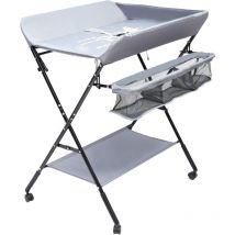 Table à langer pliable, réglable en hauteur, mobile, pour bébé, avec matelas à langer, panier de rangement et ceinture de sécurité (avec roues)