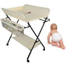 Skecten - Table à Langer Pliante avec Panier de Rangement à Côté Structure en Fer Charge Max 25KG pour Nouveaux-Nés Design Ergonomique (Crème)