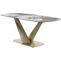 Vente-unique - Table à manger 6 personnes en céramique, verre trempé et métal doré - Effet marbre blanc et gris - porelima de Maison Céphy