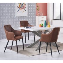 Ensemble de salle à manger Duke LUX Zarah - une table à manger en bois blanc et un ensemble de 4 chaises de salle à manger en cuir marron - Salle à