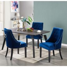 Table à Manger Design + 4 Chaises en Velours - Style Contemporain - Salle à Manger ou Cuisine - Coloris Noyer & Bleu - Bleu