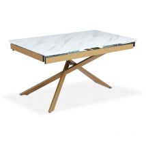 Cotecosy - Table à manger extensible Ismael en Verre effet Marbre Blanc et pieds Métal Or