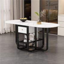 Modernluxe - Table à manger pliante rétractable polyvalente - avec 2 tiroirs et étagère de rangement - Panneaux de particules - Blanc & Noir