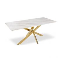 Homy France - Table Repas jessica xxl gold verre effet marbré blanc 180x90cm