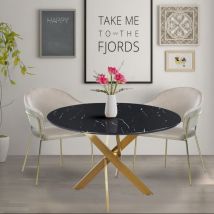 Cotecosy - Table ronde Corix Verre effet Marbre Noir et pieds Or
