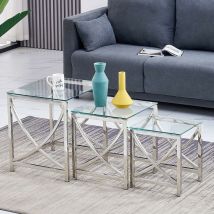 JYMTOM 3 tables à café imbriquées de canapé moderne table latérale en acier inoxydable trempage des jambes en verre transparent salon imbriqué