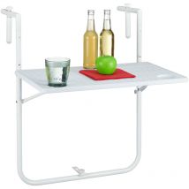 Relaxdays Table balcon suspendue, rabattable, réglable en hauteur sur 3 niveaux, aspect rotin, LxP 59,5 x 36 cm, blanc