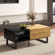 Table basse 100 cm, rectangulaire, avec tiroirs de rangement, étagères, plateau en noir et naturel, style industriel, pieds en métal, table de salon
