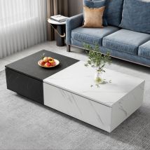 Table basse 110 cm, rectangulaire, avec 2 portes de rangement, finition en placage effet marbre, moderne, table de salon en bois - Blanc