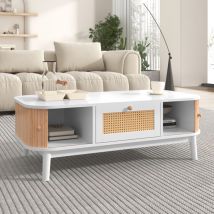 Hauss Spole - Table basse 110 x 55 x 38.5 cm design avec portes coulissantes et 1 tiroir en rotin, particules, charge de 50 kg, blanc+naturel